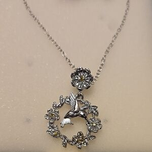 Silver Floral Hummingbird Necklace